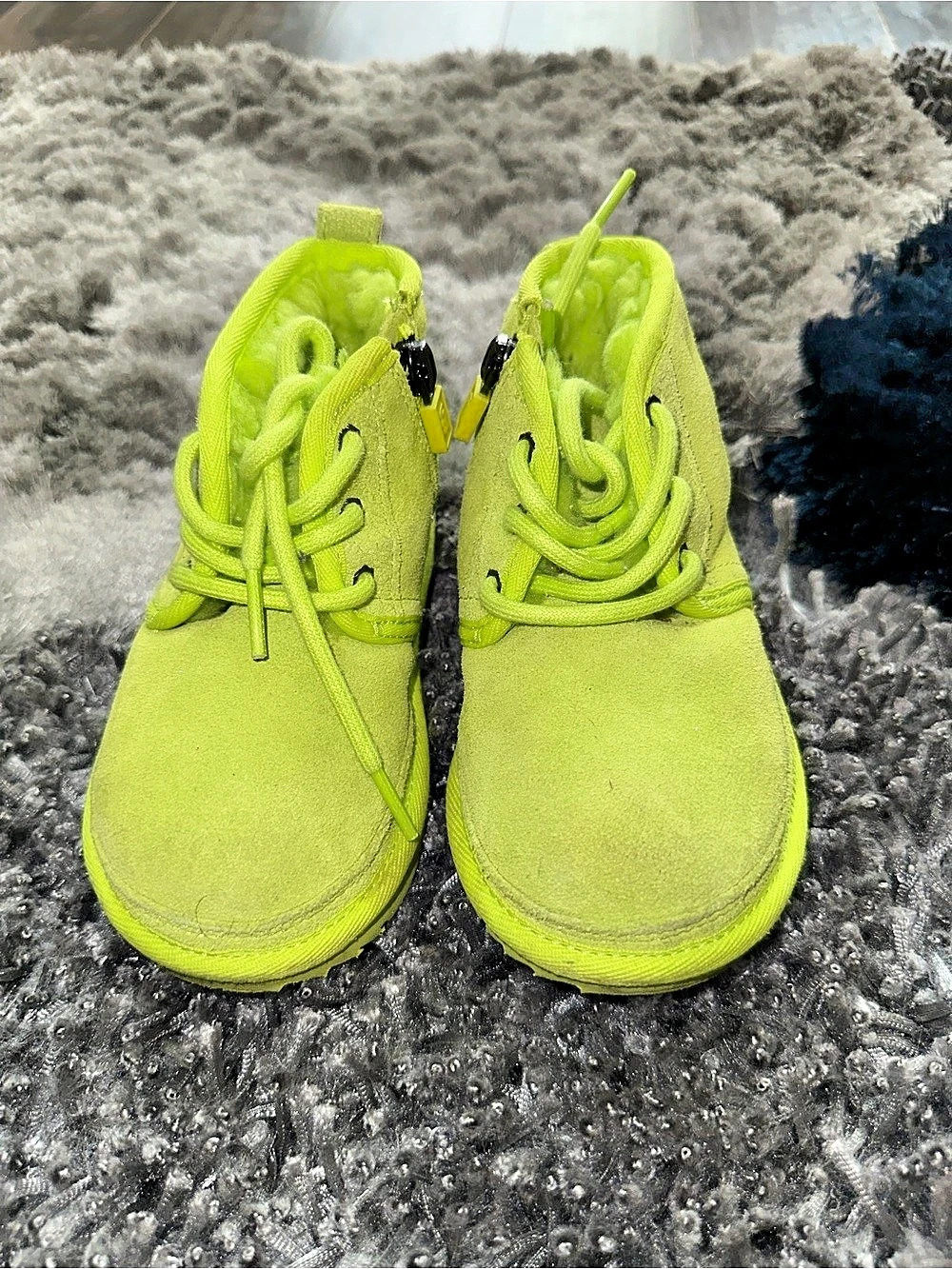 UGG Neon Lime Green Suede Ankle Shoes Side Zip Fuzzy Lined Lace Up